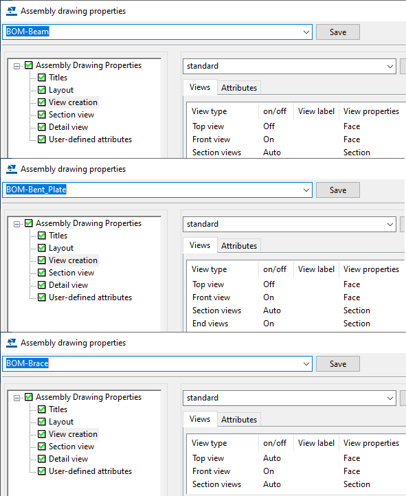 Screen capture showing view level properties being repeated on multiple Assembly Drawing Properties