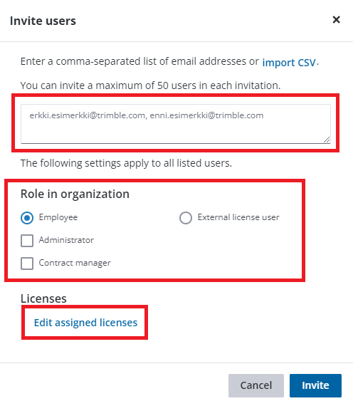 Invite users valikko 