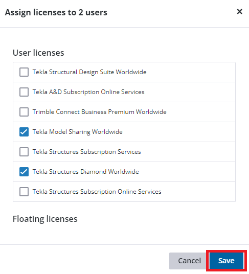 Edit assigned licenses valikko