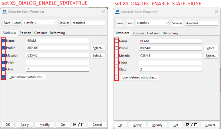 Properties dialogs with different settings