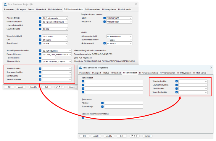 Execution+consequences class and Service+product category moved from FI-Piirustusasetuksia to FI-Projekti tab