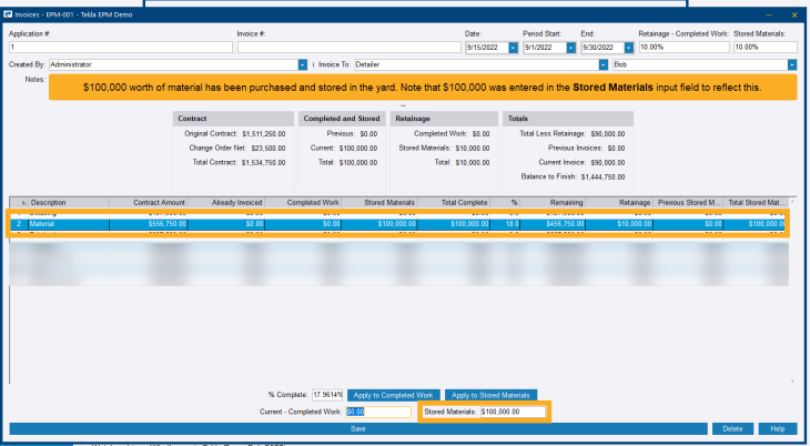 Invoice 1 with highlights around the Stored Material input field with $100,000 entered. 