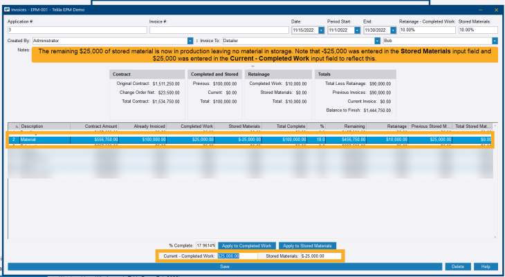 Invoice 3 with highlights around the materials row and the input fields. 