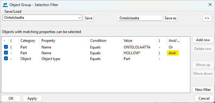 Ontelolaatta filter where And-value is highlighted
