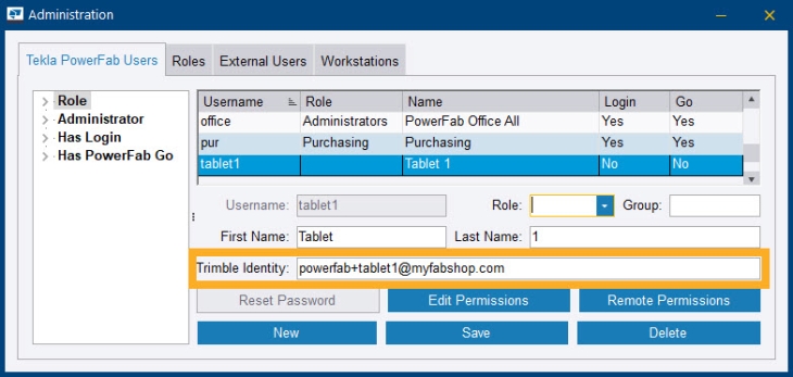 Screenshot showing PowerFab Administration users for a device with the device Trimble Identity recorded