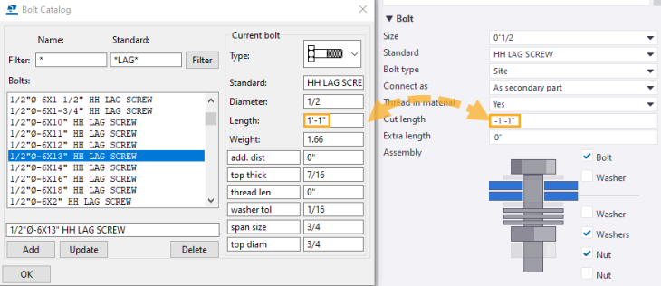 The bolt catalog entry for the lag screw and the modeling bolt properties. There are boxes and a double headed arrow highlighting the Cut length is the negative value of the bolt (screw) length.