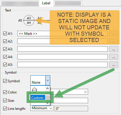 Screenshot highlighting the Custom value in the Symbol dropdown of the View properties section Label.