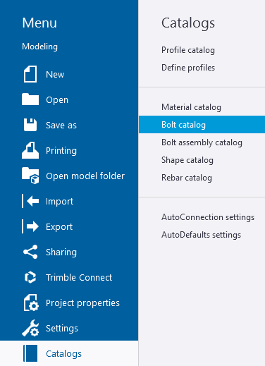 File (three horizontal lines) then Catalogs then Bolt catalog
