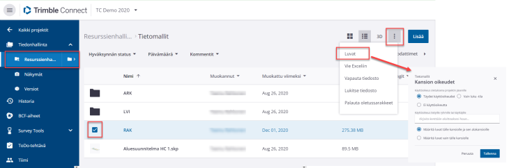 Kansio valittuna, kolmesta pisteestä pääsee antamaan oikeuksia, luvat komennolla