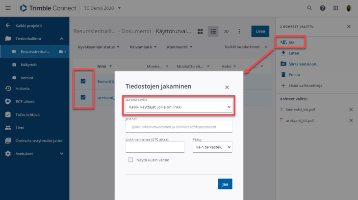 Tiedostojen jakamisnappi löytyy oikealta Resurssienhallinnassa kun tiedostoja on valittuna
