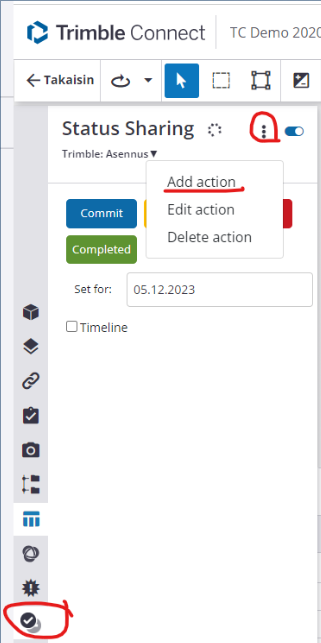 Status sharing välilehdellä lisää Add action