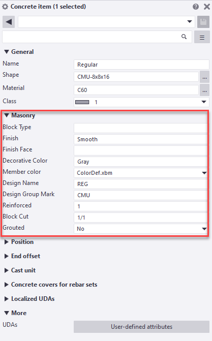 masonry properties pane