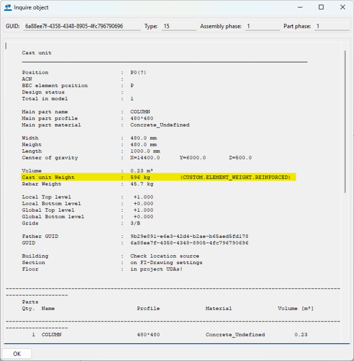 Inquire cast unit where weight row is highlighted