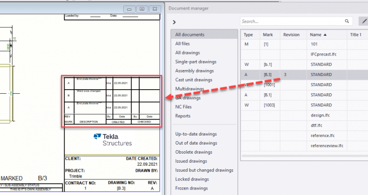 Revision template after fixing, revisions are visible in the drawing