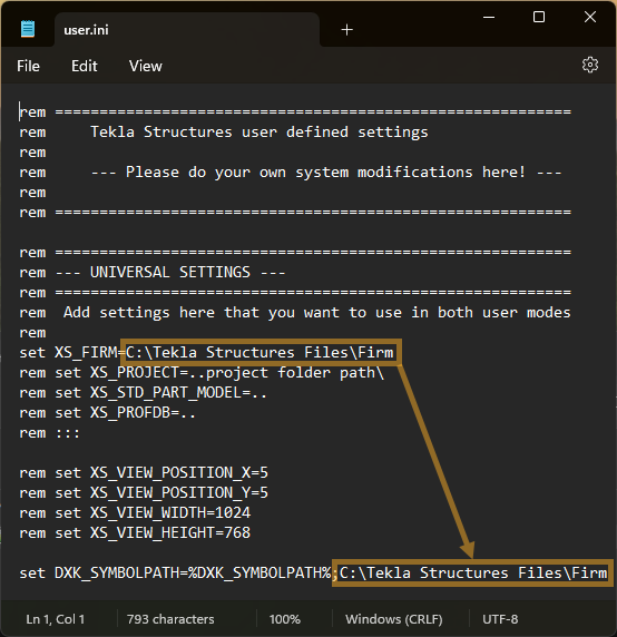 Screenshot of the user.ini file with DXK_SYMBOLPATH set with the custom firm location added.