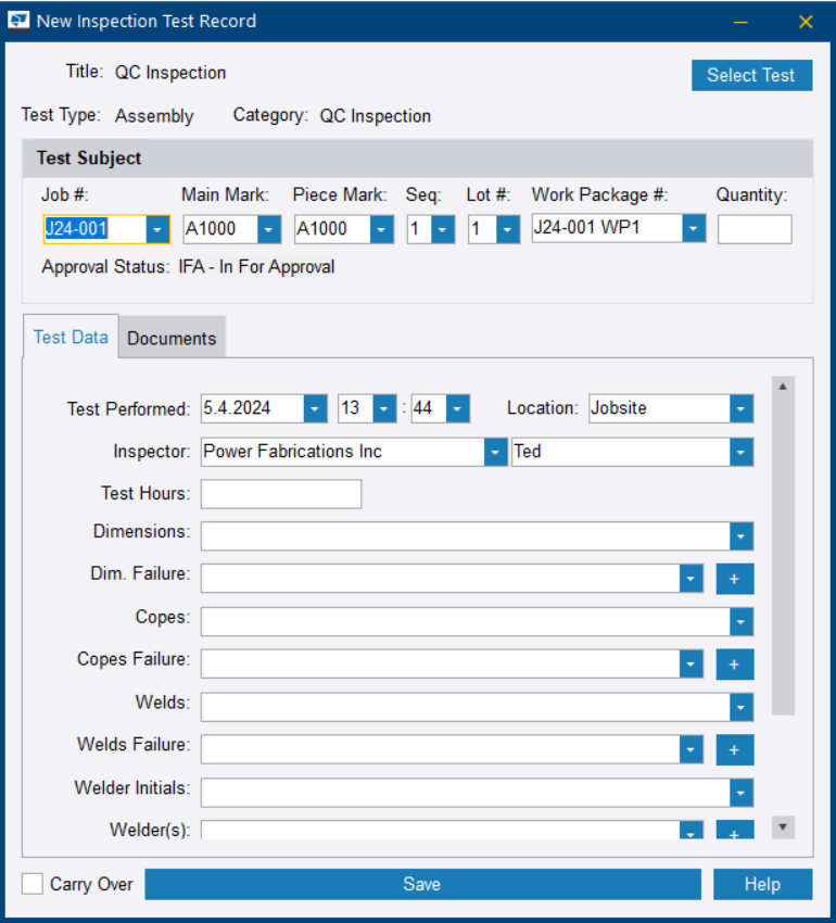 Inspection test record properties | Tekla User Assistance