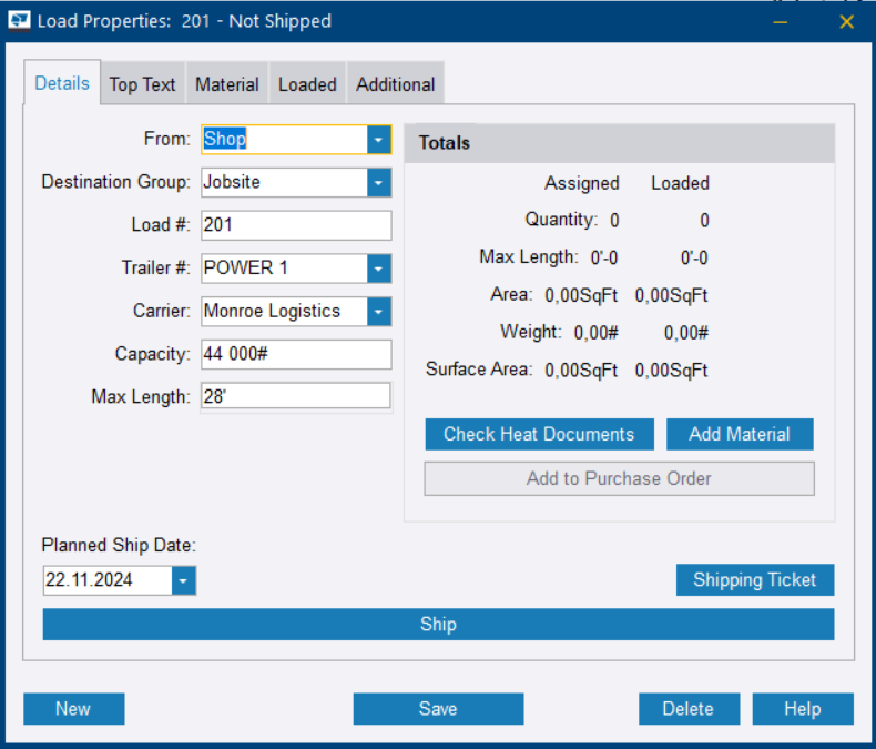 Load properties | Trimble User Assistance