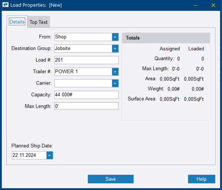 Create a new load | Trimble User Assistance