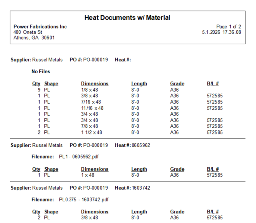 Purchasing: Heat document reports | Trimble User Assistance