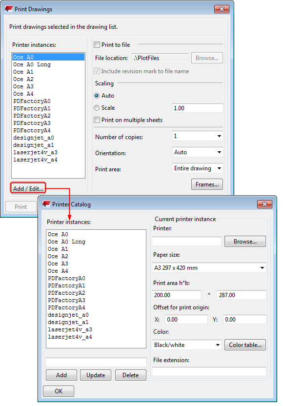 Print drawings using Printer Catalog printer instances (old printing